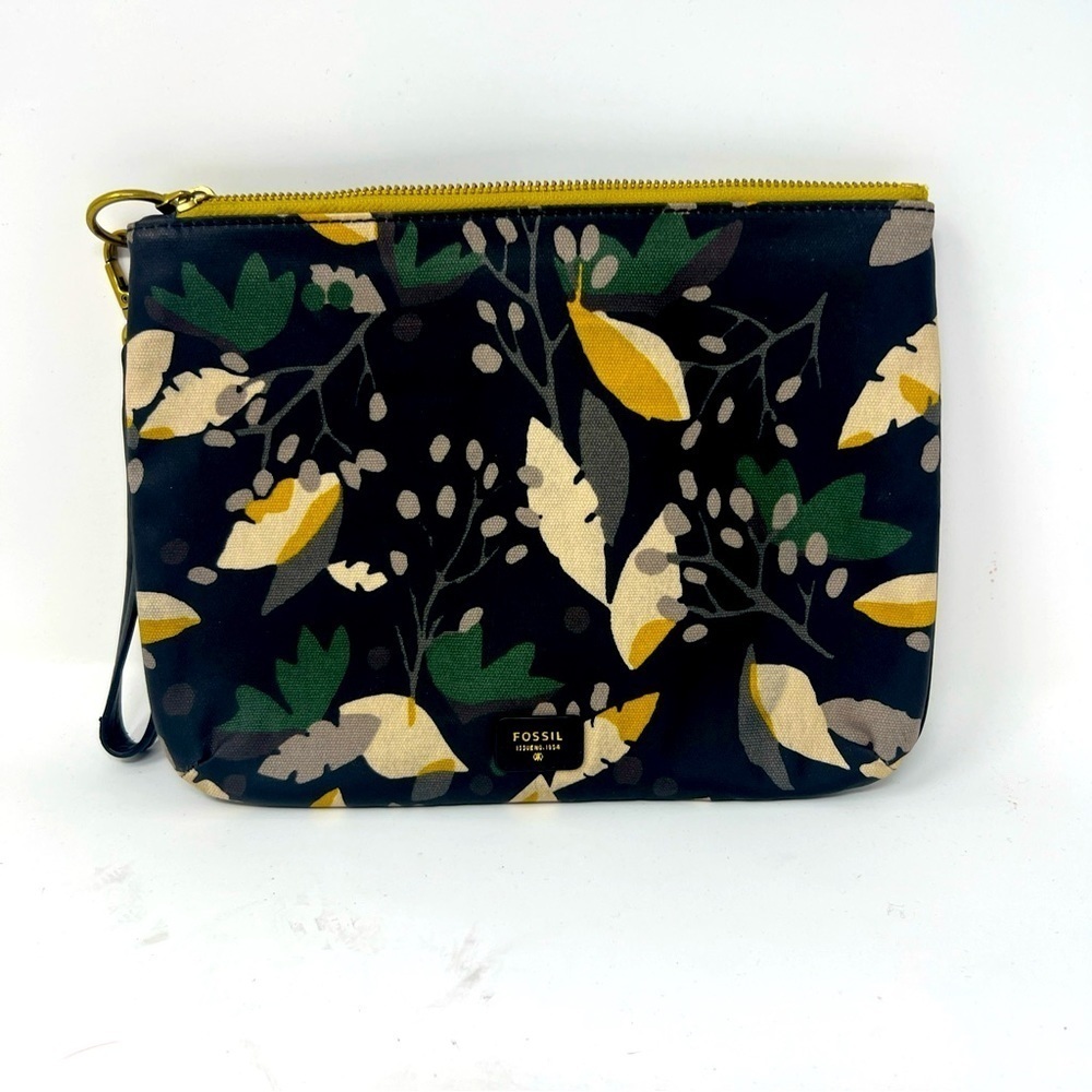 Fossil Leaf Design Coated Canvas Black Clutch/Pouch With Detachable Wristband